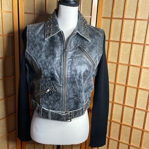 Lucidity Jacket Black Distressed Leather Knit Sleeves Moto Belted Jacket